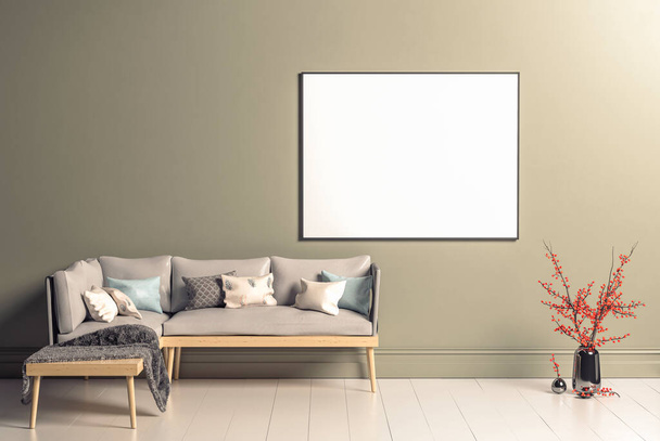 Blanco horizontale poster frame model in Scandinavisch stijl woonkamer interieur, moderne woonkamer interieur achtergrond,, 3d rendering - Foto, afbeelding