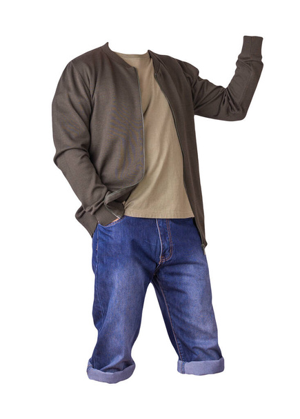 Denim blue shorts,beige t-shirt and dark green bomber jacket on a zipper isolated on white background - Φωτογραφία, εικόνα