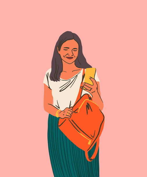 Young Woman checks her Smartphone and smile. Cute Teenage girl with backpack and a phone. Hand drawn vector illustration in flat style. Social media addiction concept. - Vector, Image