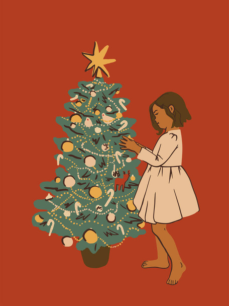Criança bonito Decoração árvore de Natal com ornamentos. Menina jovem em vestido de princesa. Conceito de celebração de Natal ou Ano Novo. Cartão de felicitações. Ilustração vetorial plana, para cartão, cartazes, teia - Vetor, Imagem