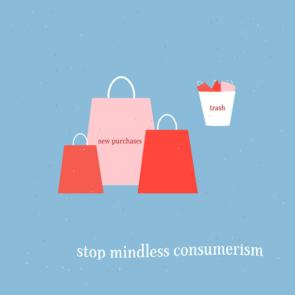 マインドレス消費主義の概念引用カードバッグショッピング - ベクター画像