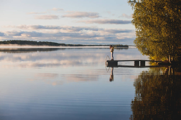 View of Kem River, Kemijoki, in a Liedakkala village in the municipality of Keminmaa in Lapland in north-western Finland, beautiful summer dawn sunrise - Φωτογραφία, εικόνα