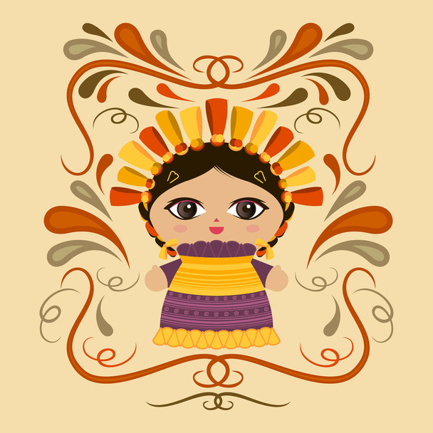Muñeca mexicana con ornamentos decorativos vector ilustración - Vector, imagen