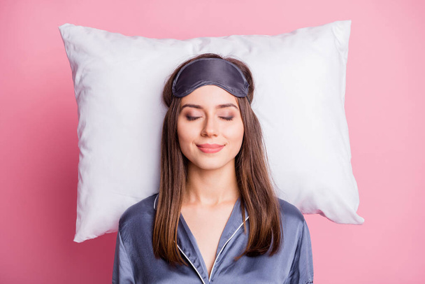 Top above high angle view photo portrait of satisfied woman sleeping on pillow isolated on pastel pink colored background - Fotografie, Obrázek