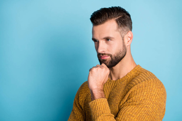 Profile side view portrait of nice attractive serious guy wearing modern haircut copy space isolated over bright blue color background - Fotografie, Obrázek