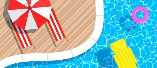 colchón inflable de la piscina y tumbonas del paraguas del anillo vista superior. Ilustración horizontal del vector de la bandera de las vacaciones del verano - Vector, Imagen