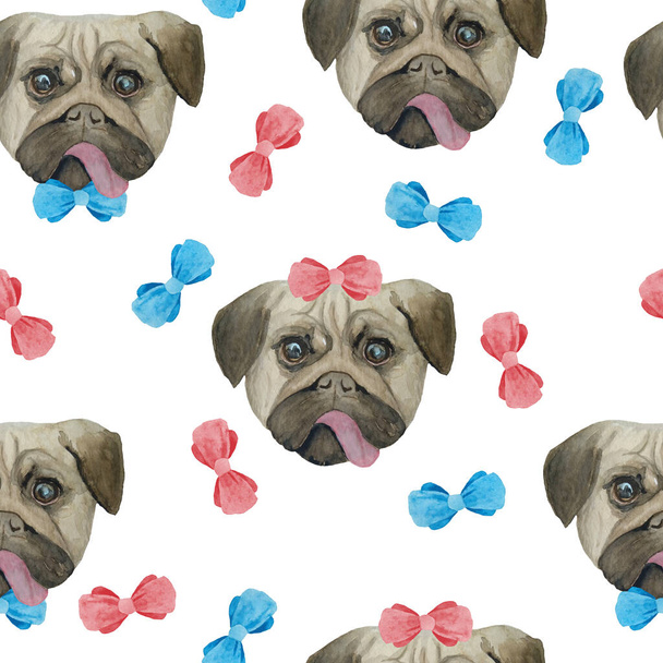 Watercolor seamless hand drawn pattern with pugs dogs breed isolated on white background. Funny cute cartoon pet animals for textile wrapping paper background texture. Trendy nursery print for kids - Photo, Image