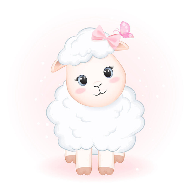 Cute little sheep and butterfly hand drawn cartoon animal illustration - Vecteur, image
