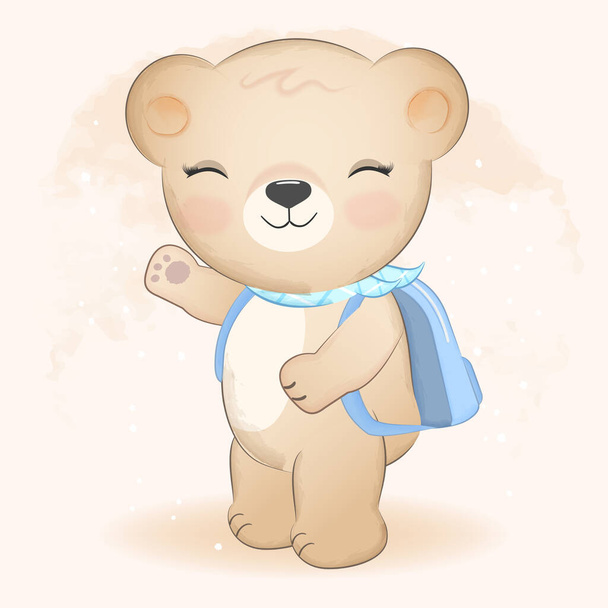 Roztomilý medvídek a batoh ručně kreslené ilustrace - Vektor, obrázek
