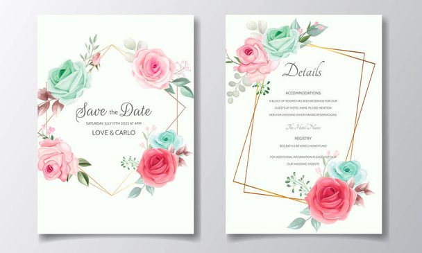 Elegante plantilla de tarjeta de invitación de boda con hermosas flores y hojas - Vector, Imagen