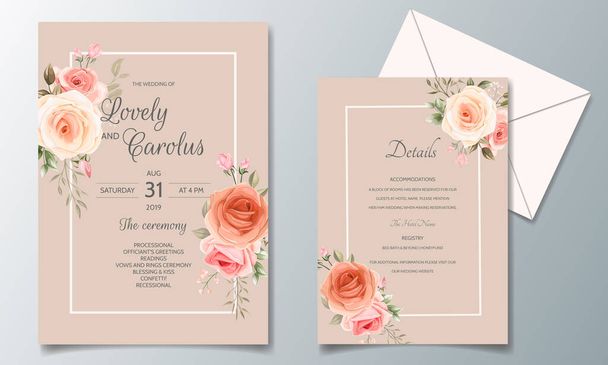 Elégant modèle de carte d'invitation de mariage avec de belles fleurs et feuilles - Vecteur, image