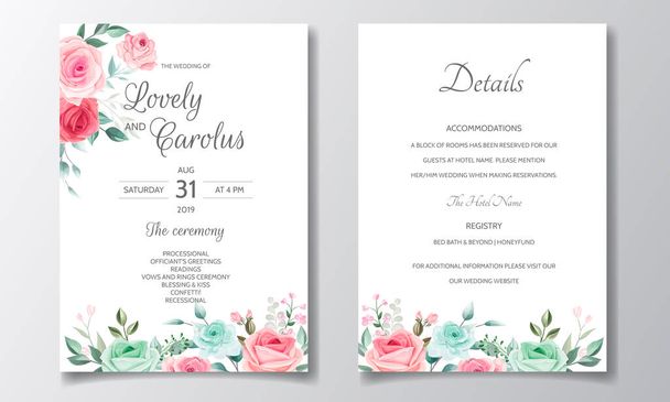 Elegant wedding invitation card set template with beautiful floral and leaves - Vector, Image