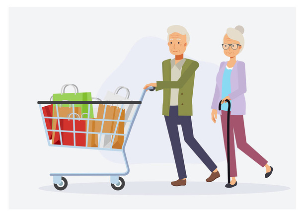 älteres Ehepaar beim Einkaufen im Supermarkt. Glückliches älteres Paar beim Einkaufen, Flacher Vektor Zeichentrickfigur Illustration. - Vektor, Bild