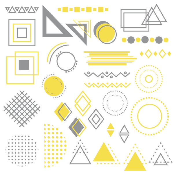 Oddělené geometrické prvky Memphisu s výplní a tahem, šedé a žluté. Geometrické izolované prvky pro Memphisovo pozadí. Sada stylových prvků pro vytváření pozadí, konceptů. - Vektor, obrázek