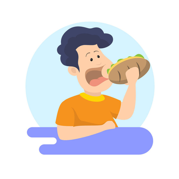 Kid jíst nezdravé jídlo burger plochý styl vektor - Vektor, obrázek