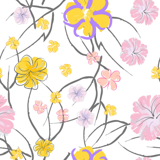 Pink Flowers Blooming Pattern. Pastel Watercolor Floral Print. Little Pink, Yellow, Lilac flower on grey leaf. Elegant brush Background. Seamless Botanical Vector Surface. Texture For Fashion Prints. - Vector, afbeelding