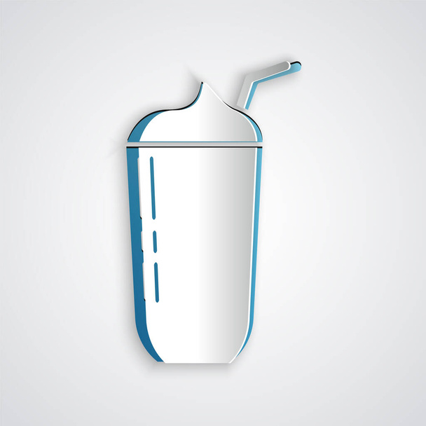 Папір вирізає піктограму Milkshake ізольовано на сірому фоні. Пластикова чашка з кришкою та соломою. Стиль паперового мистецтва. Векторні
 - Вектор, зображення