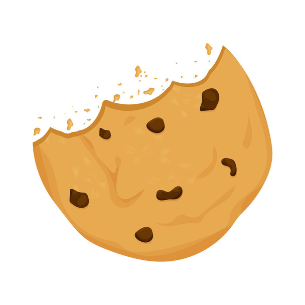 Cookie aux pépites de chocolat mordues, cassées, miettes de biscuits dans un style plat de dessin animé isolé sur fond blanc. Snack boulangerie, boulangerie traditionnelle ou désert. - Vecteur, image