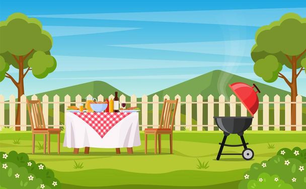 Barbecue party in de achtertuin met hek - Vector, afbeelding