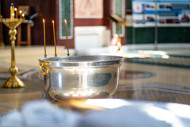 baptismal bowl in the cathedral. Orthodox Church.  - Photo, Image