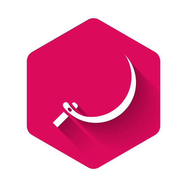 White Sickle icon isolated with long shadow background. Reaping hook sign. Pink hexagon button. Vector - Vector, Image