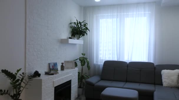 Moderní obývací pokoj a kuchyňský interiér s výhledem do přírody - Záběry, video