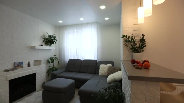 Modern nappali és konyha belső terével, kilátással a természetre - Felvétel, videó