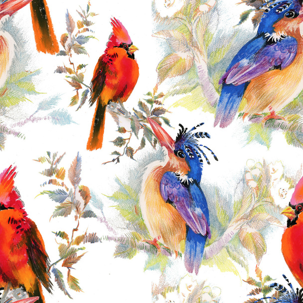 Vögel und Blumen nahtlose Muster - Foto, Bild