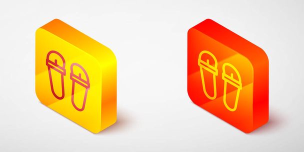 Isometrische Linie Flip Flops Symbol isoliert auf grauem Hintergrund. Beachslipper-Zeichen. Gelbe und orangefarbene quadratische Taste. Vektor - Vektor, Bild