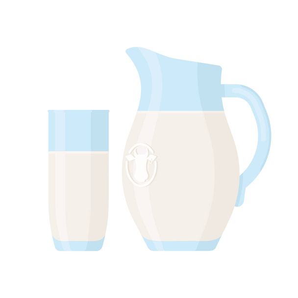 Glass and Jug of Milk Isolated Icon on White Background. Colorful Vector dairy drink illustration. Flat style template of milk glass and pitcher in white and blue colors - Vector, Imagen