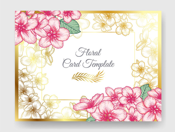 Floral botanical wedding invitation elegant card template with golden and pink apple flowers. Romantic design for greeting card, natural cosmetics, women products. Vector illustration. - Vector, Imagen