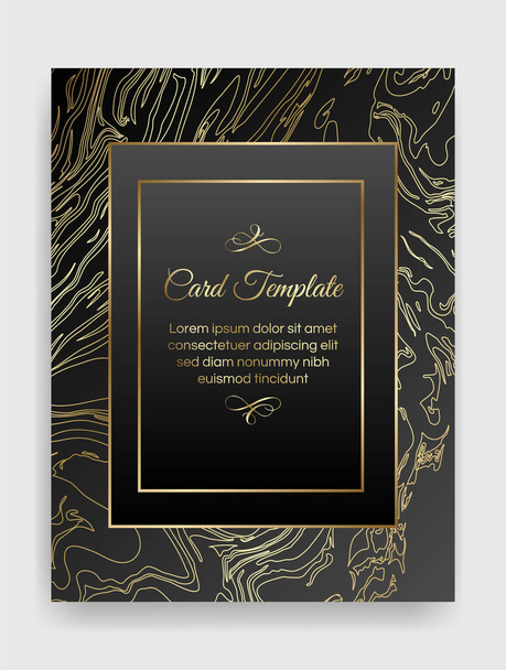 Golden and black shiny glowing frame. Gold paint marble swirls with metal luxury blank rectangle border. Vector background illustration template. - Διάνυσμα, εικόνα