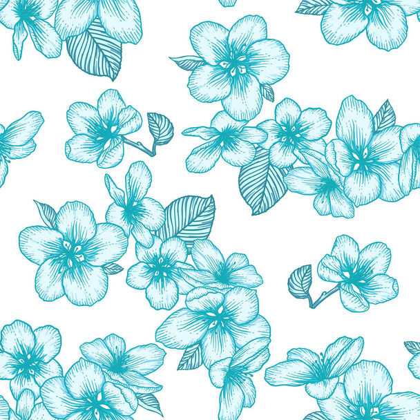 Beautiful seamless floral light blue and white pattern with apple flowers. Nature botanical vector background illustration. Stock graphic design. - Vector, afbeelding