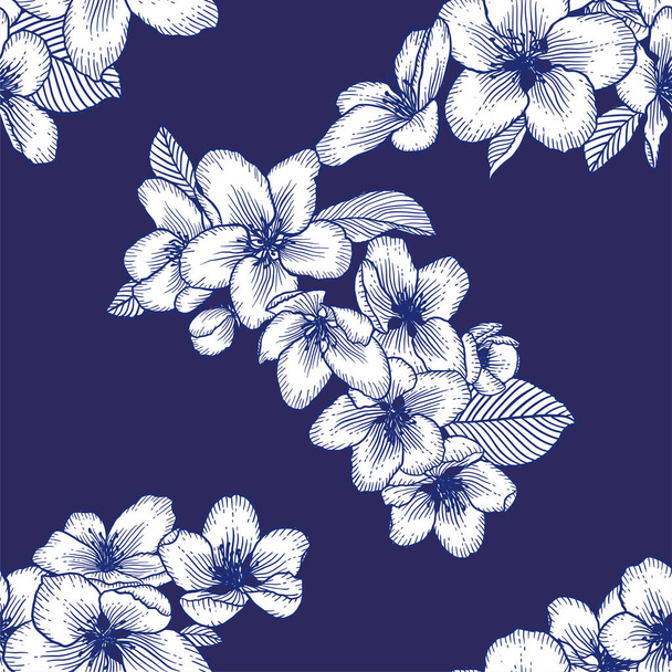 Beautiful seamless dark blue and white floral pattern with apple flowers. Nature botanical vector background illustration. Stock graphic design. - ベクター画像