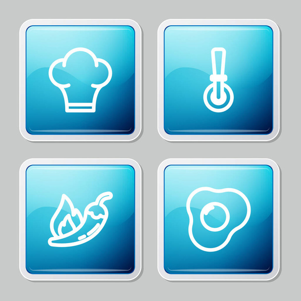 Set line Chef hat, Pizza knife, Hot chili pepper pod y Scrambled eggs icon. Vector - Vector, imagen