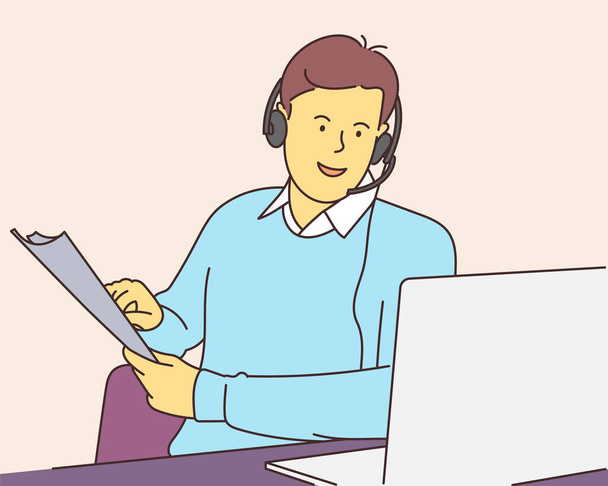 Call center, help, business communication concept. Young man consultant manager operator with headset supporting client online with laptop.	 - Vector, Imagen