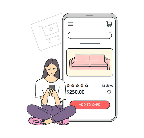 E-commerce on smartphone concept. Young woman makes purchases via phone online, choosing product. Shopping cart with furniture.	 - Διάνυσμα, εικόνα