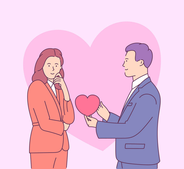 Valentines day vector illustration with young couple in love. Young man gives heart-shaped card to smiling woman.	 - Wektor, obraz