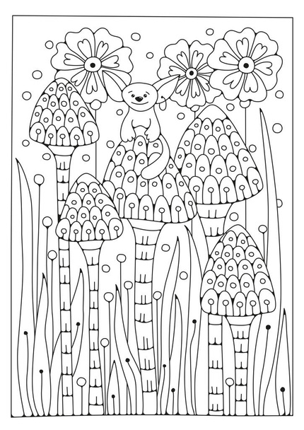 Upea sarjakuva eläin istuu kukka puutarhassa. Värityskuva. Kuvitus väritykseen. Taidehoito. - Vektori, kuva