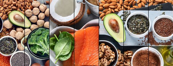 Collage of Food sources of omega 3 and healthy fats. Healthy eating concept. - Foto, imagen