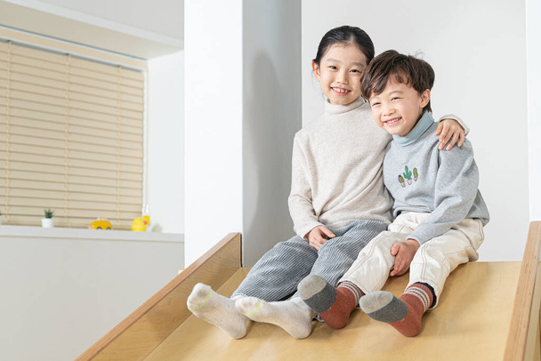 Asian siblings on the slide - Foto, afbeelding