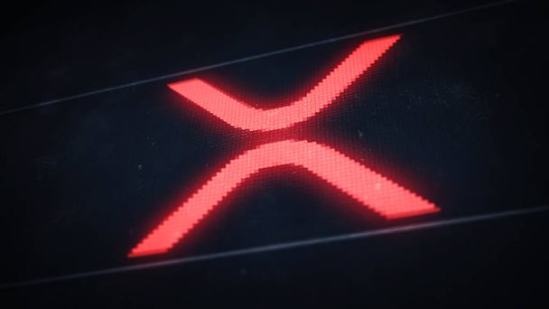 XRP cryptocurrency banner. Red pixel symbol old dusty screen illustration. - Photo, Image