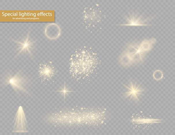 Conjunto de efectos de luz amarilla, focos, destellos, estrellas - Foto, Imagen