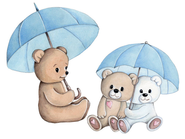 Akvarel ručně kreslené ilustrace roztomilé kreslené medvídky a deštníky. Umění pro všechny děti design a dekor. Izolováno na bílém pozadí. - Fotografie, Obrázek