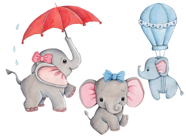 Aranyos rajzfilm kis elefántok, játék állatok. Akvarell kézzel rajzolt illusztráció gyerekeknek. Elszigetelve. Készletgyűjtemény. - Fotó, kép