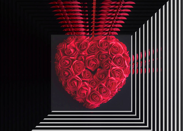Herzform roter Rosen mit weißen Streifen auf schwarzem Grund  - Foto, Bild