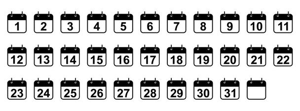 Every day of a month calendar icons. Set of black calendar icons. Vector illustration. Isolated calendar icons on white background - Vector, afbeelding