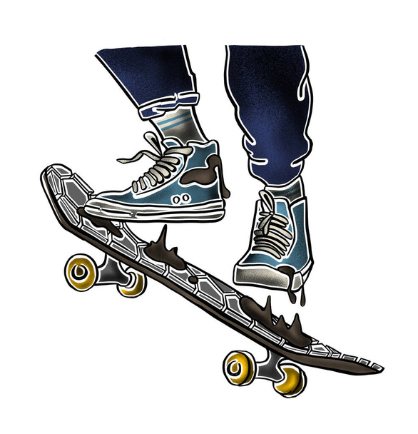 Extreme skateboard rit, vieze sneakers springen, truc, handgemaakte illustratie, witte achtergrond. Hoge kwaliteit illustratie - Foto, afbeelding