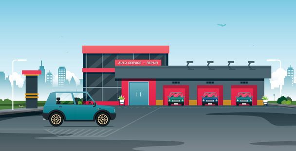 The car waits for a mechanic to check at the repair center. - Vector, Image