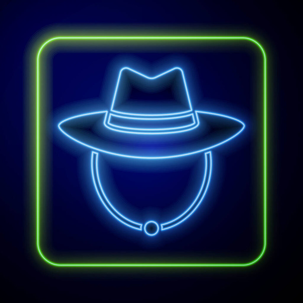 Светящаяся неоновая икона ковбойской шляпы, выделенная на синем фоне. Вектор - Вектор,изображение